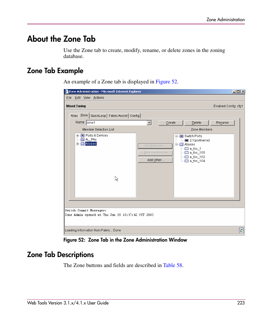 About the zone tab, Zone tab example, Zone tab descriptions | Zone tab example zone tab descriptions, 52 zone tab in the zone administration window | HP StorageWorks MSA 2.8 SAN Switch User Manual | Page 223 / 307