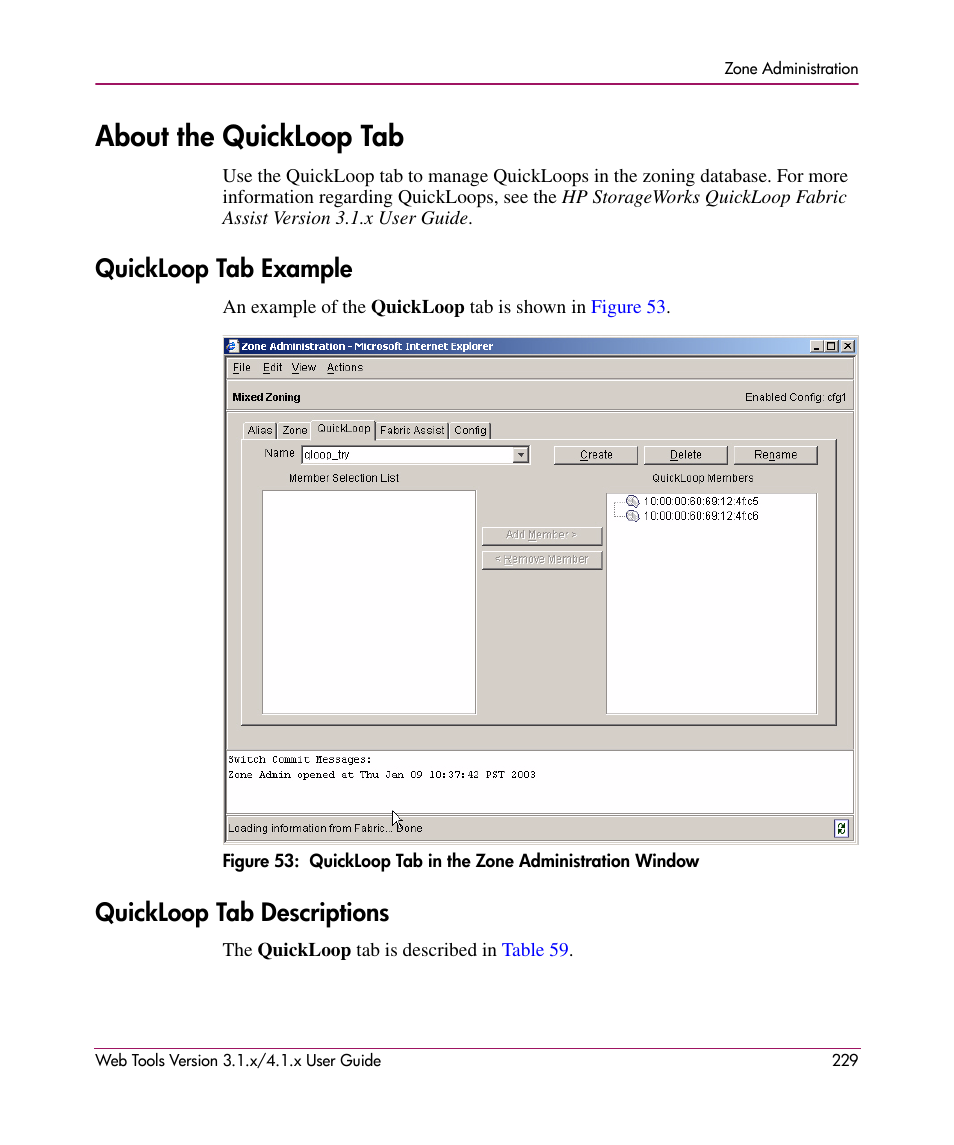About the quickloop tab, Quickloop tab example, Quickloop tab descriptions | Quickloop tab example quickloop tab descriptions, 53 quickloop tab in the zone administration window | HP StorageWorks MSA 2.8 SAN Switch User Manual | Page 229 / 307