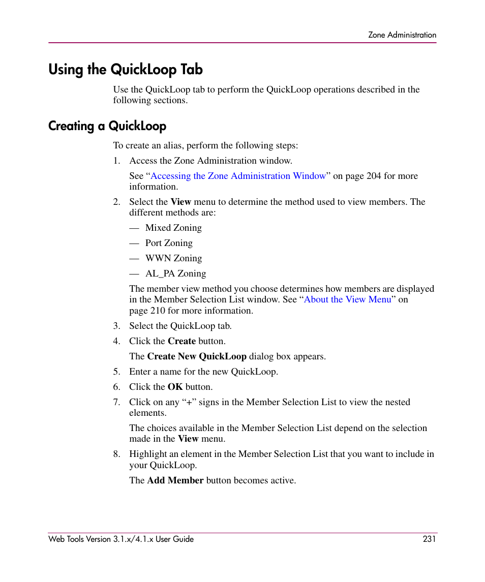 Using the quickloop tab, Creating a quickloop | HP StorageWorks MSA 2.8 SAN Switch User Manual | Page 231 / 307