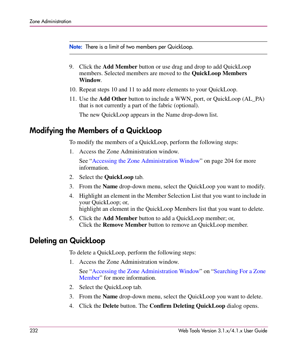 Modifying the members of a quickloop, Deleting an quickloop | HP StorageWorks MSA 2.8 SAN Switch User Manual | Page 232 / 307