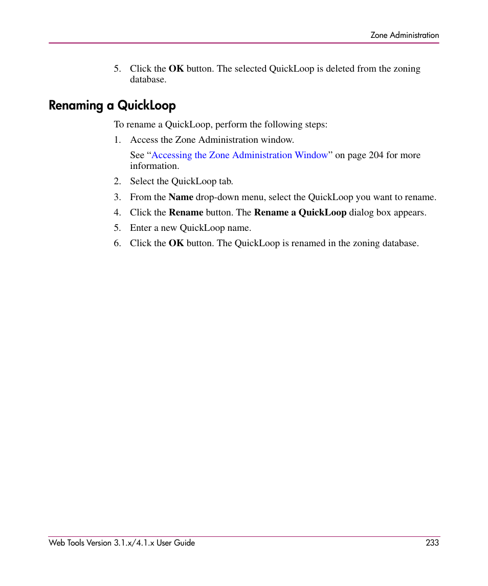 Renaming a quickloop | HP StorageWorks MSA 2.8 SAN Switch User Manual | Page 233 / 307