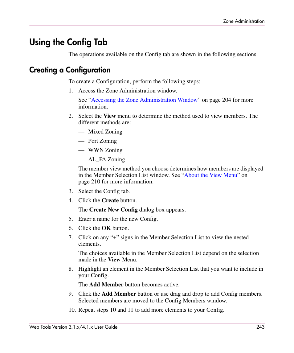 Using the config tab, Creating a configuration | HP StorageWorks MSA 2.8 SAN Switch User Manual | Page 243 / 307