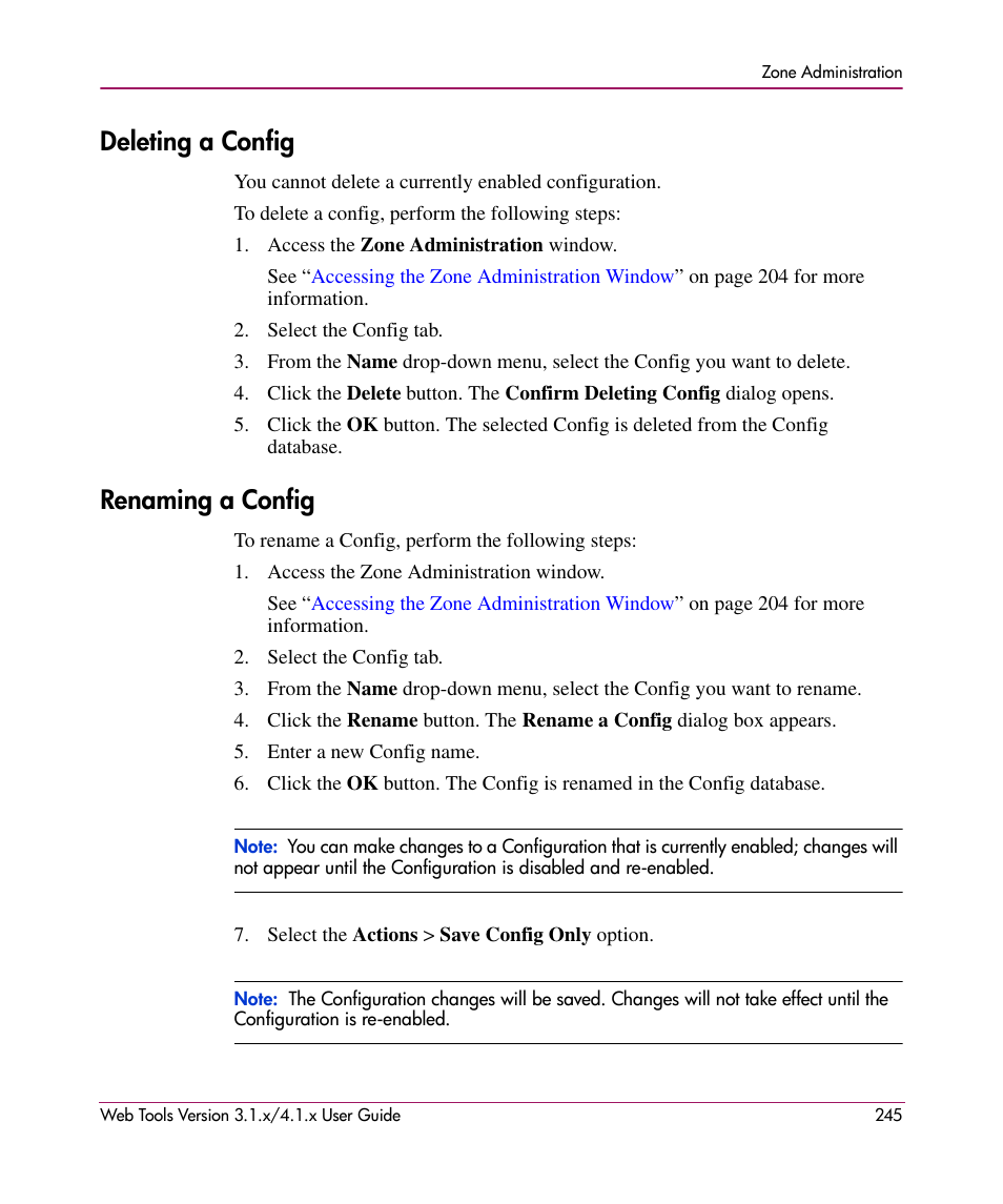 Deleting a config, Renaming a config, Deleting a config renaming a config | HP StorageWorks MSA 2.8 SAN Switch User Manual | Page 245 / 307