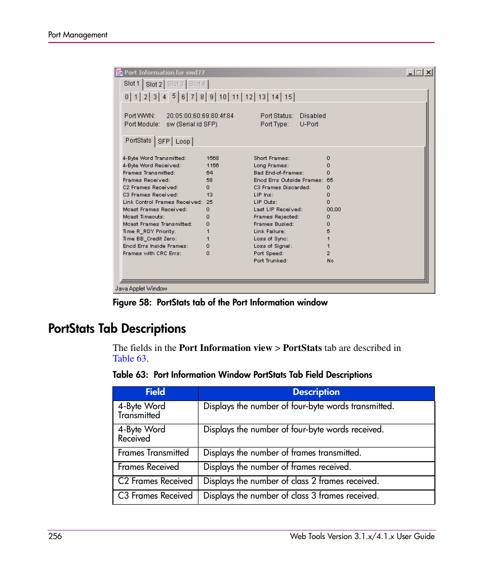 Portstats tab descriptions, 58 portstats tab of the port information window, N in | Figure 58 | HP StorageWorks MSA 2.8 SAN Switch User Manual | Page 256 / 307