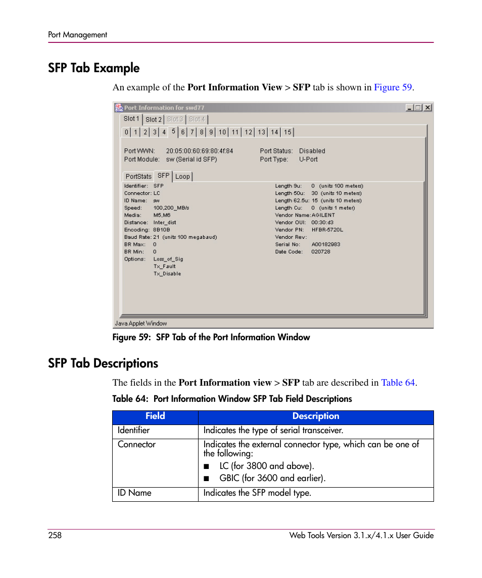 Sfp tab example, Figure 59: sfp tab of the port information window, Sfp tab descriptions | Sfp tab example sfp tab descriptions, 59 sfp tab of the port information window | HP StorageWorks MSA 2.8 SAN Switch User Manual | Page 258 / 307