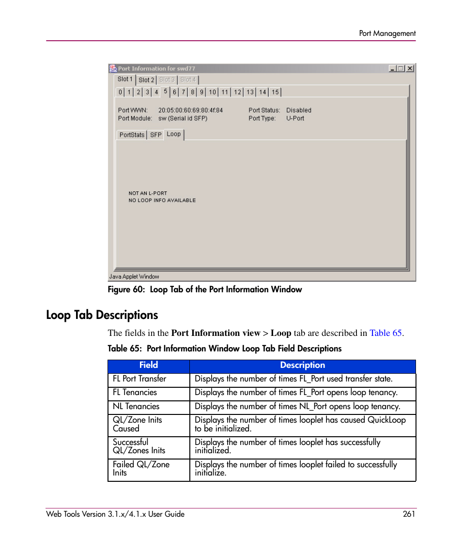 Figure 60: loop tab of the port information window, Loop tab descriptions, 60 loop tab of the port information window | N in, Figure 60 | HP StorageWorks MSA 2.8 SAN Switch User Manual | Page 261 / 307