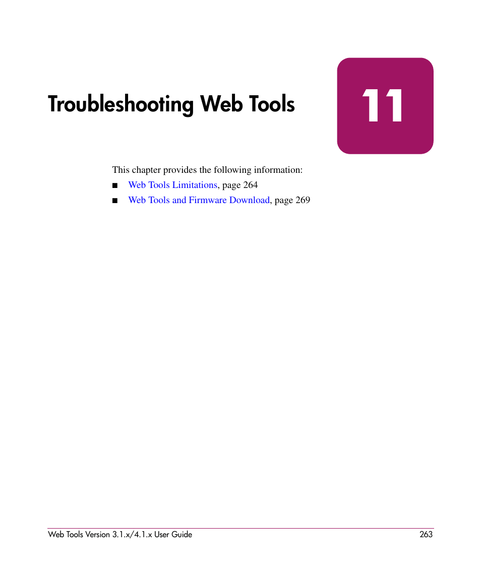 Troubleshooting web tools, 11 troubleshooting web tools | HP StorageWorks MSA 2.8 SAN Switch User Manual | Page 263 / 307