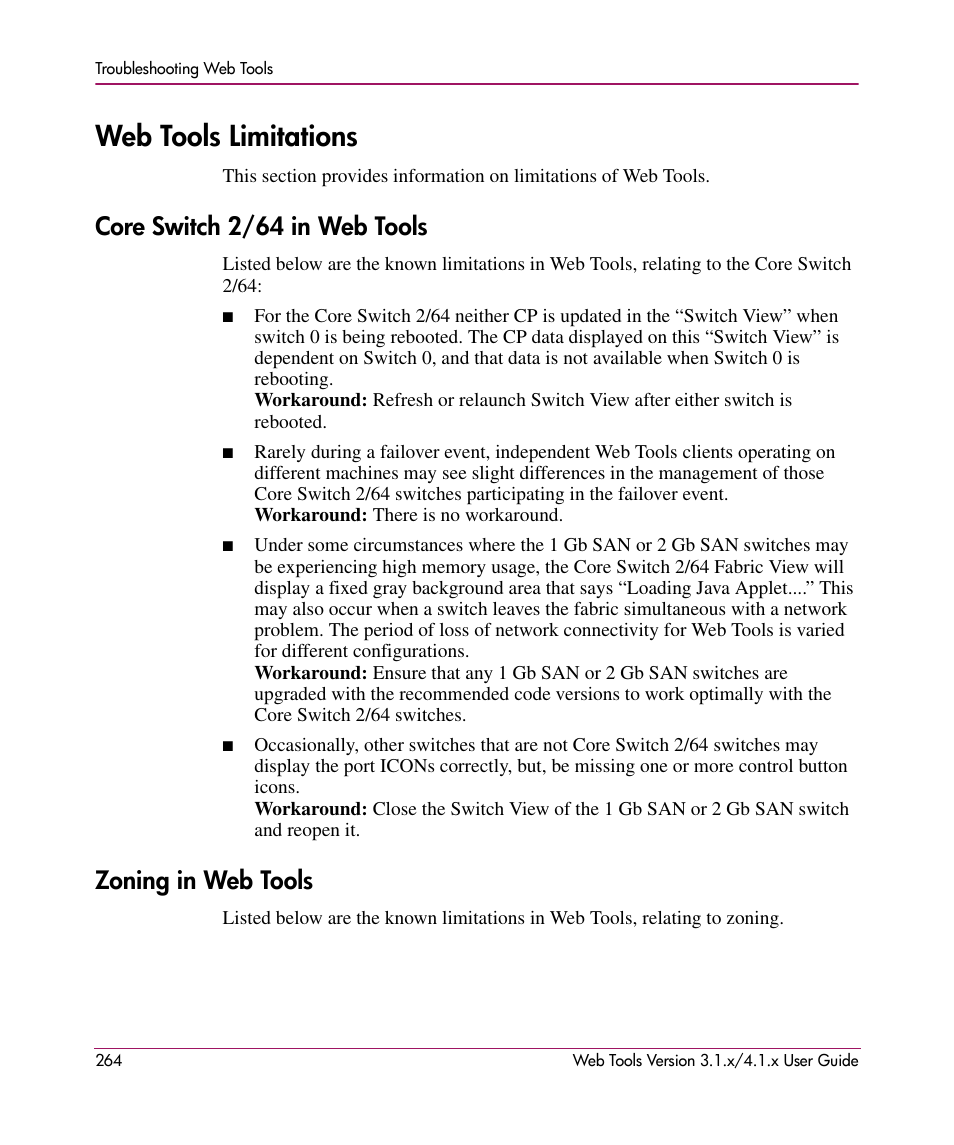 Web tools limitations, Core switch 2/64 in web tools, Zoning in web tools | Core switch 2/64 in web tools zoning in web tools | HP StorageWorks MSA 2.8 SAN Switch User Manual | Page 264 / 307