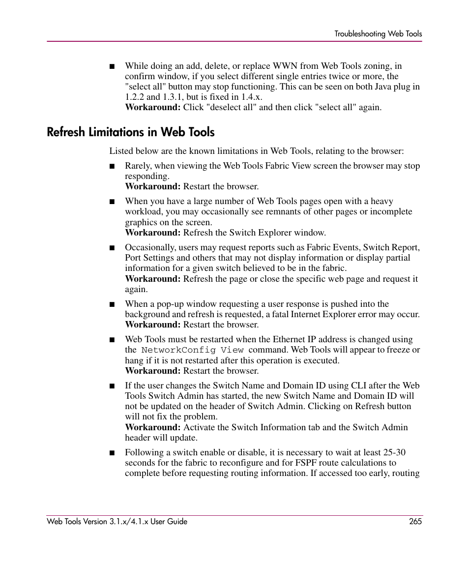 Refresh limitations in web tools | HP StorageWorks MSA 2.8 SAN Switch User Manual | Page 265 / 307