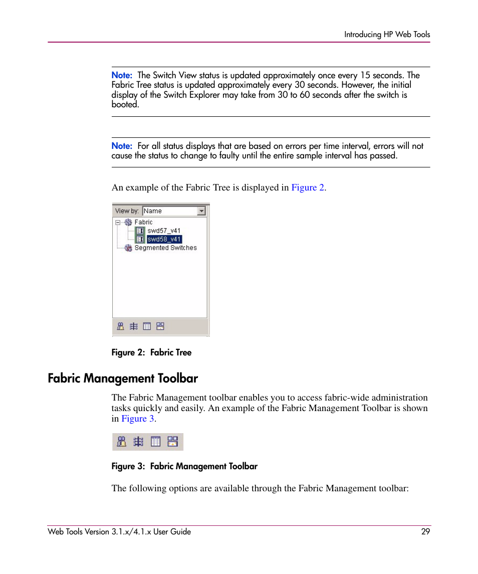 Figure 2: fabric tree, Fabric management toolbar, Figure 3: fabric management toolbar | 2 fabric tree 3 fabric management toolbar | HP StorageWorks MSA 2.8 SAN Switch User Manual | Page 29 / 307
