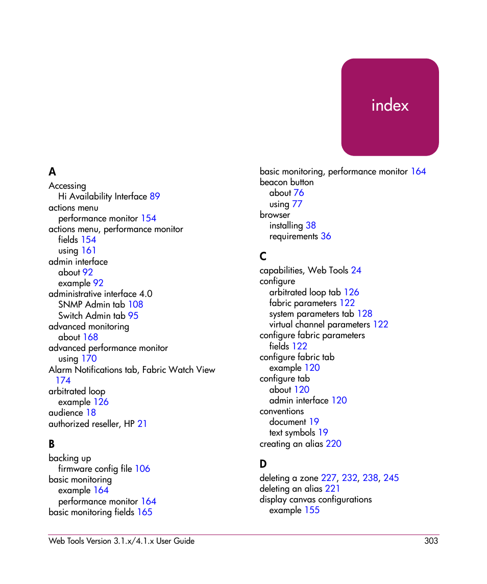 Index, Index index | HP StorageWorks MSA 2.8 SAN Switch User Manual | Page 303 / 307