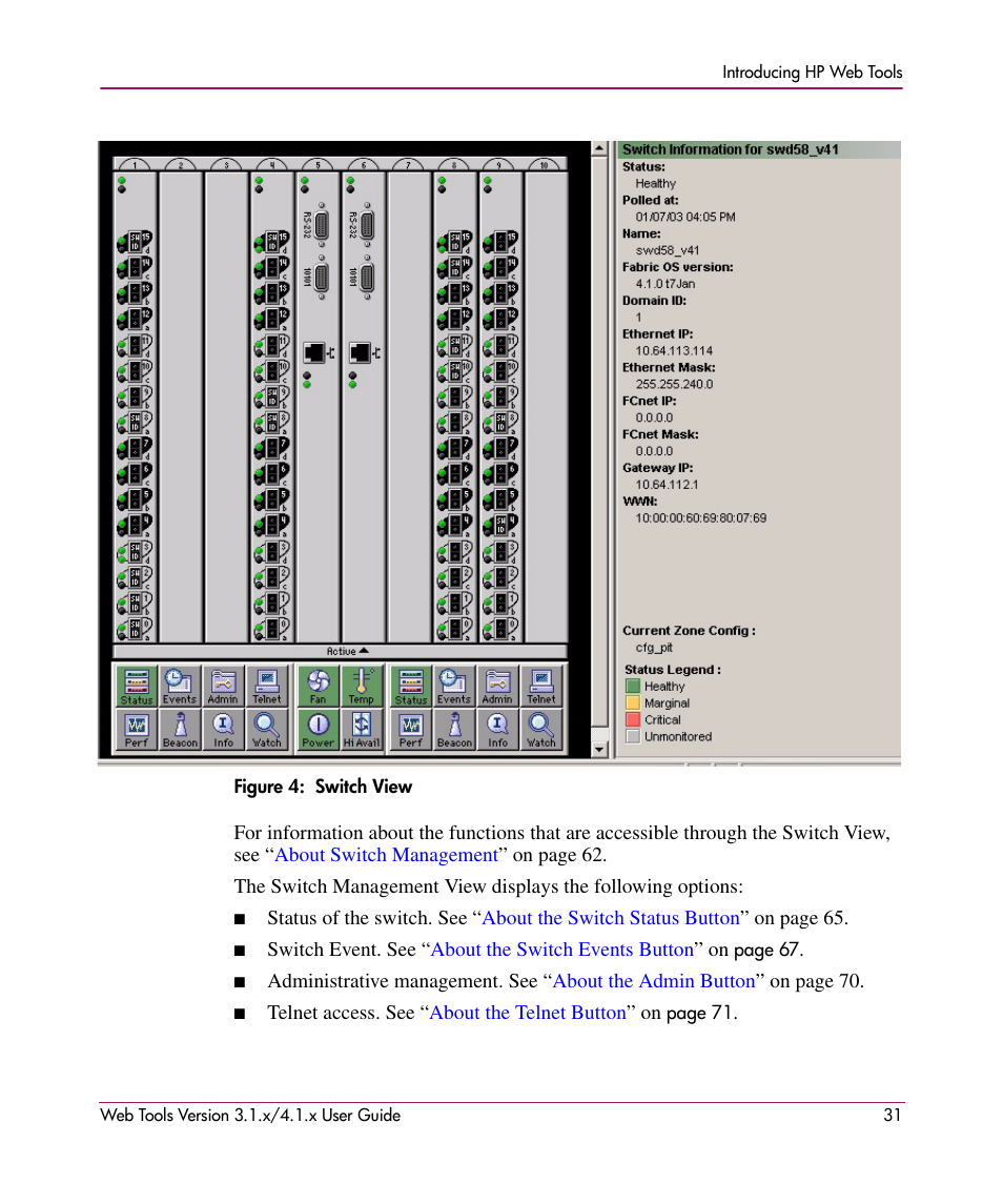 Figure 4: switch view, 4 switch view | HP StorageWorks MSA 2.8 SAN Switch User Manual | Page 31 / 307