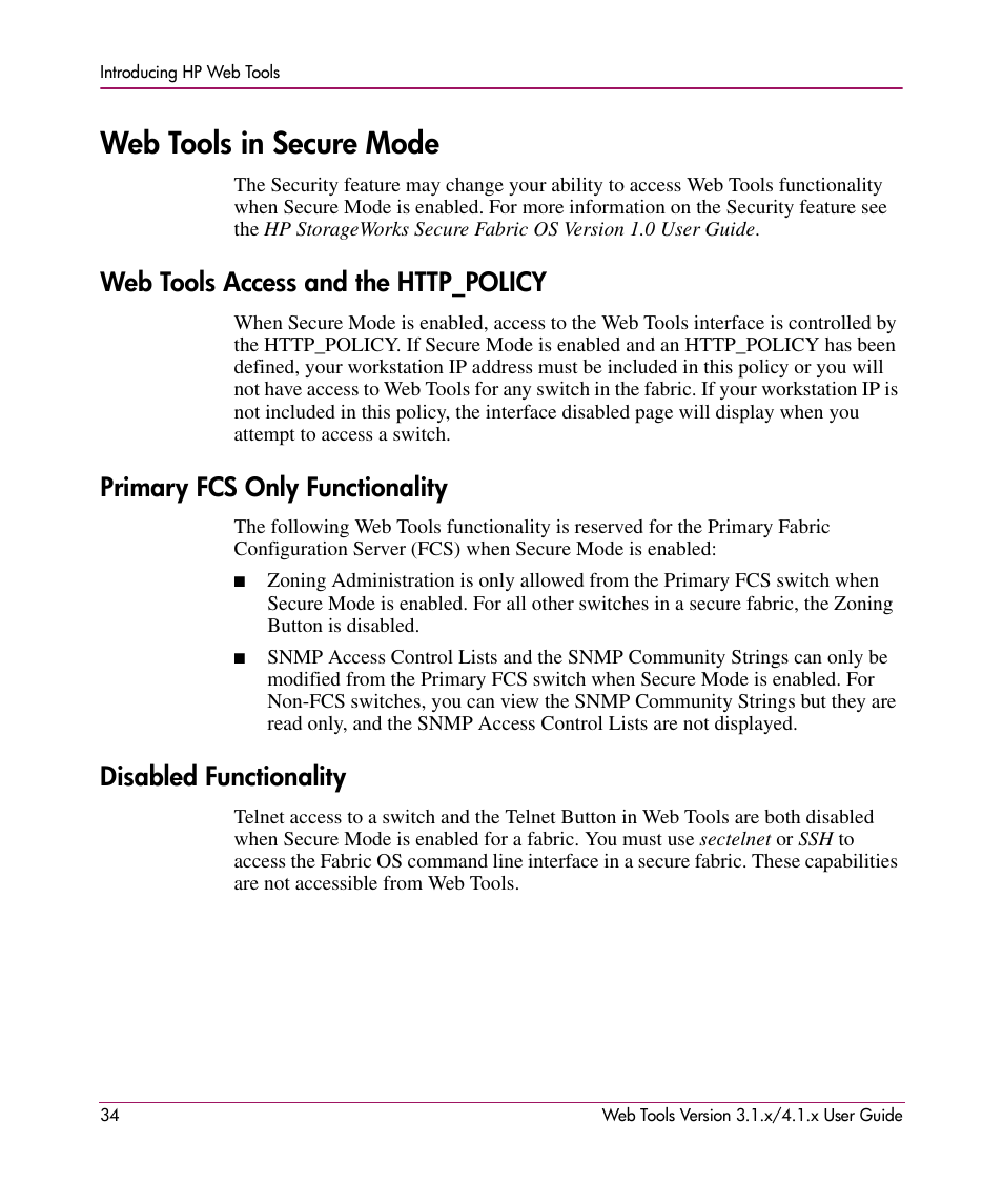 Web tools in secure mode, Web tools access and the http_policy, Primary fcs only functionality | Disabled functionality | HP StorageWorks MSA 2.8 SAN Switch User Manual | Page 34 / 307