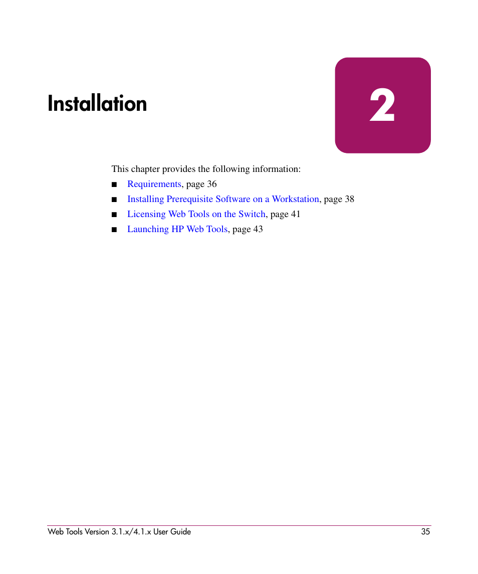 Installation, 2 installation | HP StorageWorks MSA 2.8 SAN Switch User Manual | Page 35 / 307
