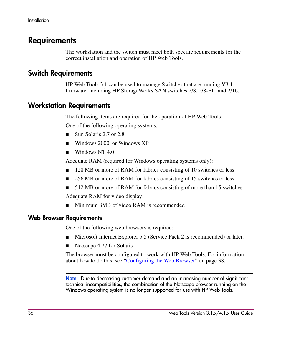 Requirements, Switch requirements, Workstation requirements | Web browser requirements, Switch requirements workstation requirements | HP StorageWorks MSA 2.8 SAN Switch User Manual | Page 36 / 307