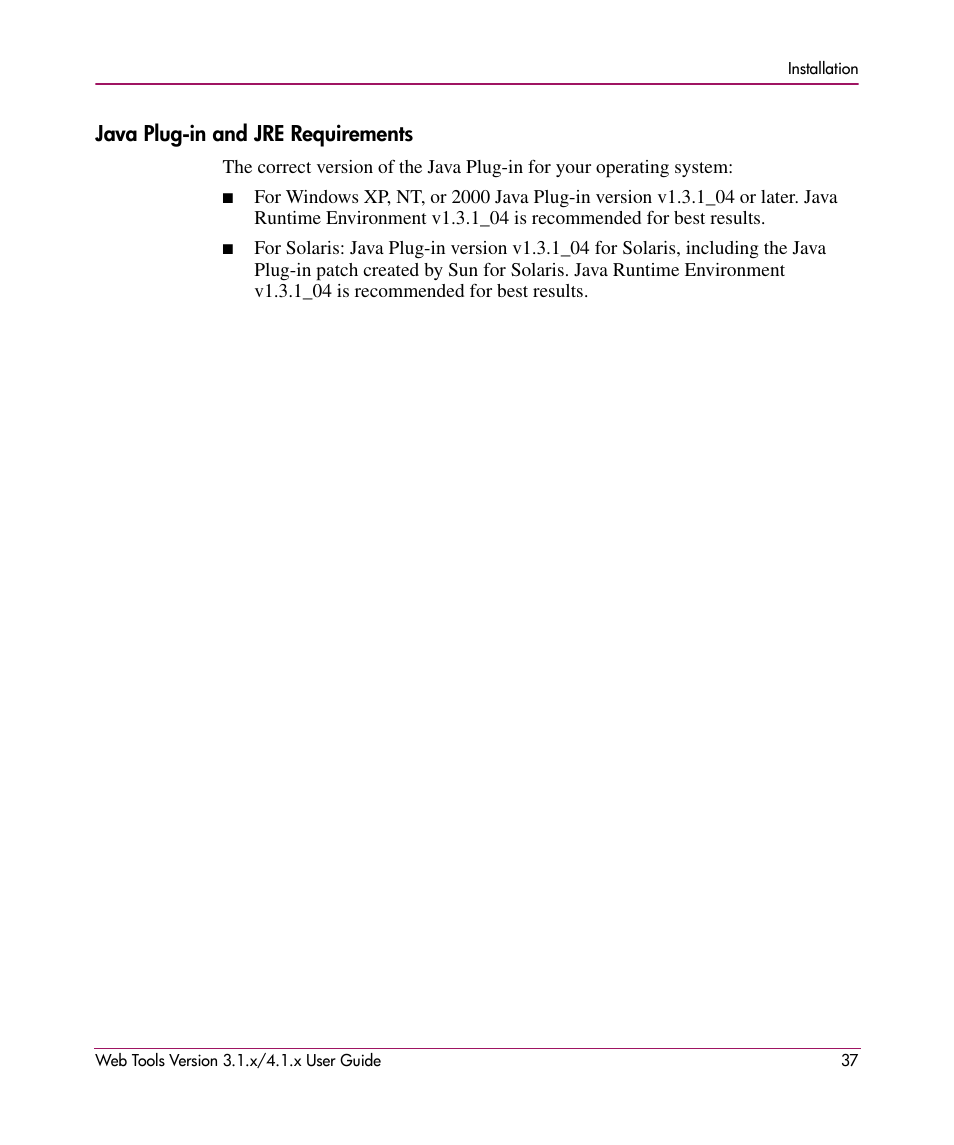 Java plug-in and jre requirements | HP StorageWorks MSA 2.8 SAN Switch User Manual | Page 37 / 307
