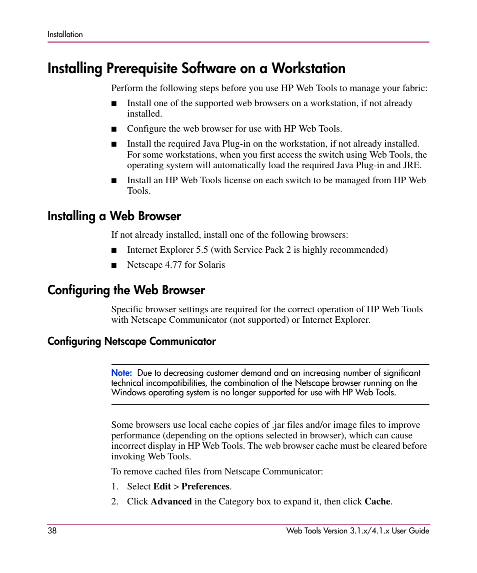 Installing prerequisite software on a workstation, Installing a web browser, Configuring the web browser | Configuring netscape communicator | HP StorageWorks MSA 2.8 SAN Switch User Manual | Page 38 / 307
