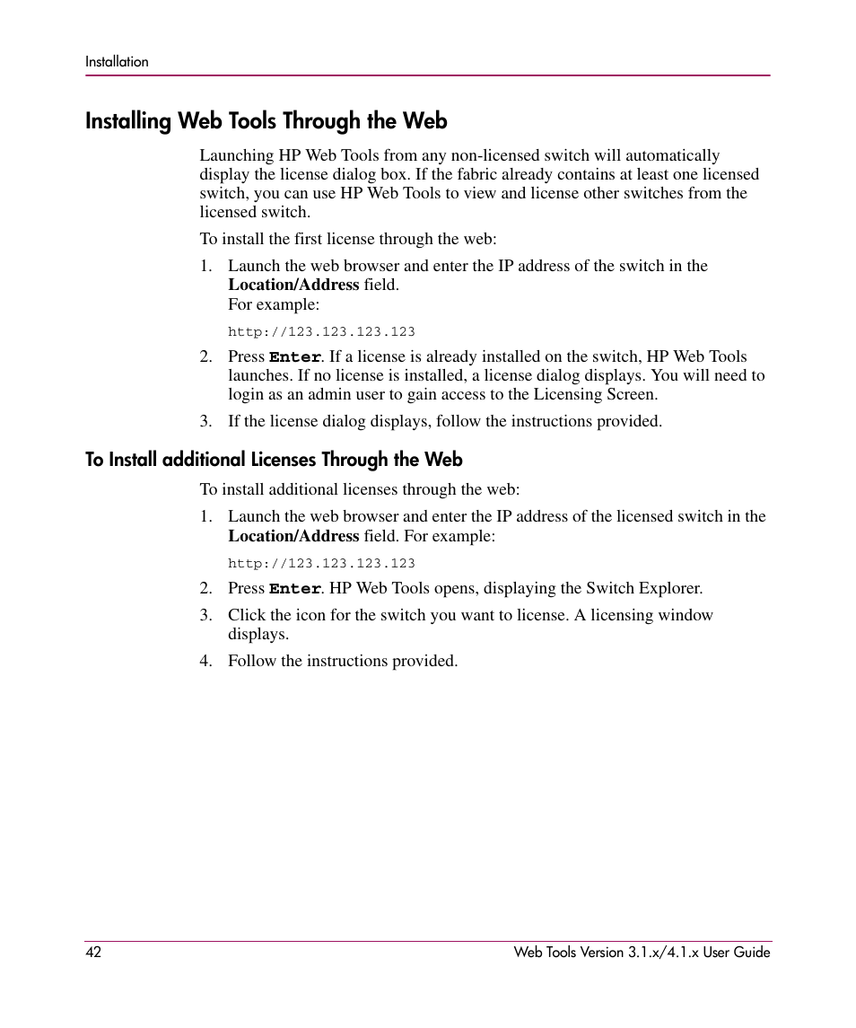 Installing web tools through the web, To install additional licenses through the web | HP StorageWorks MSA 2.8 SAN Switch User Manual | Page 42 / 307