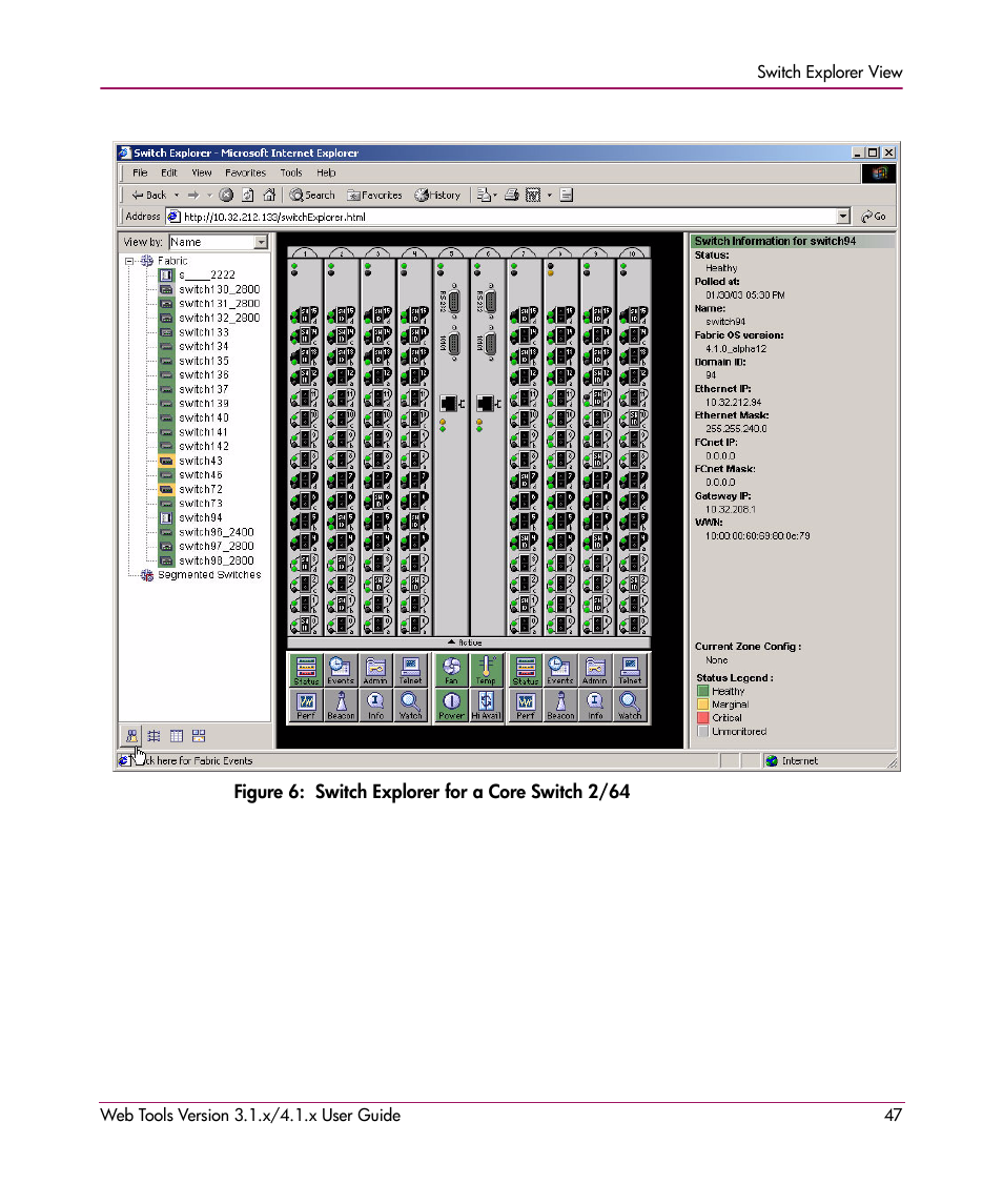 Figure 6: switch explorer for a core switch 2/64, 6 switch explorer for a core switch 2/64, N in | Figure 6 | HP StorageWorks MSA 2.8 SAN Switch User Manual | Page 47 / 307
