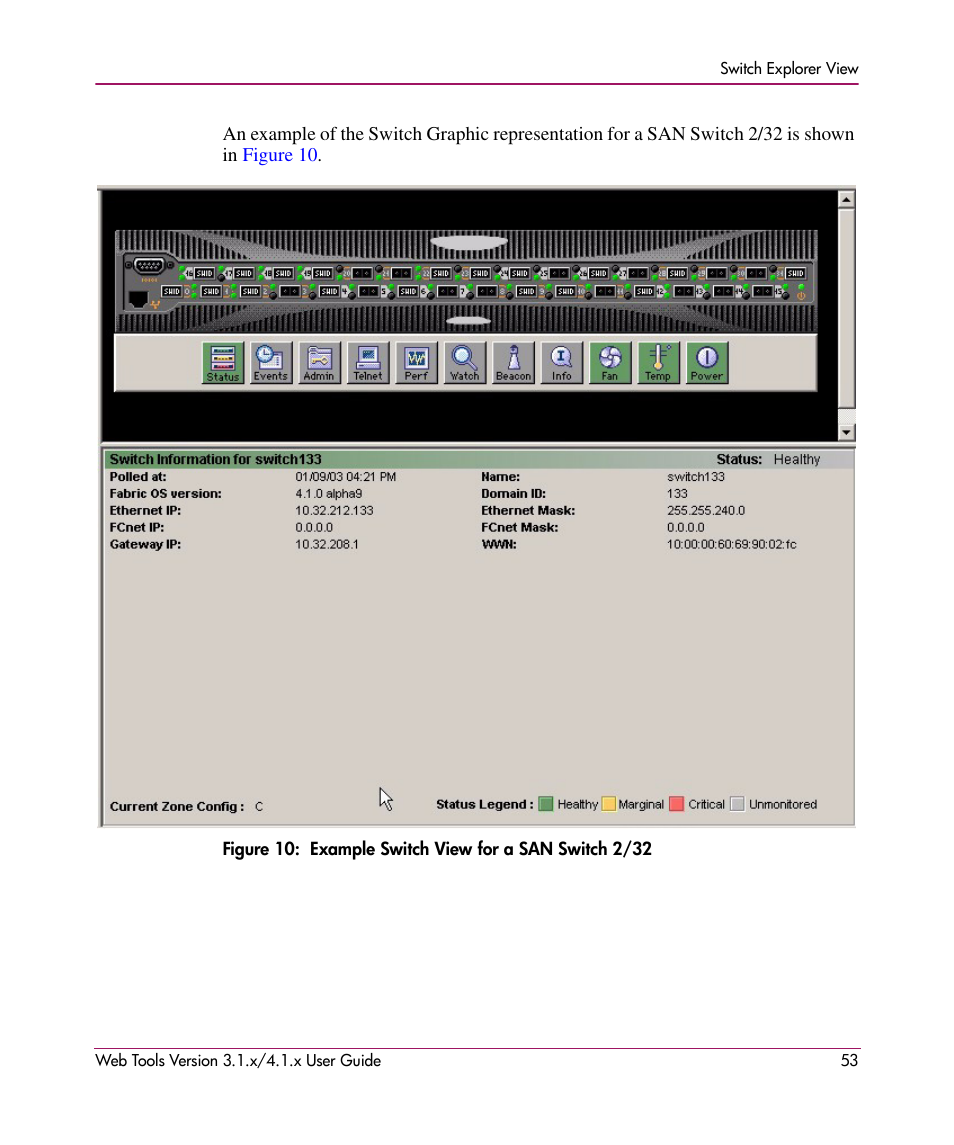 10 example switch view for a san switch 2/32 | HP StorageWorks MSA 2.8 SAN Switch User Manual | Page 53 / 307