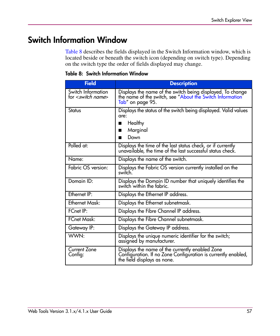 Switch information window, Table 8: switch information window, 8 switch information window | HP StorageWorks MSA 2.8 SAN Switch User Manual | Page 57 / 307