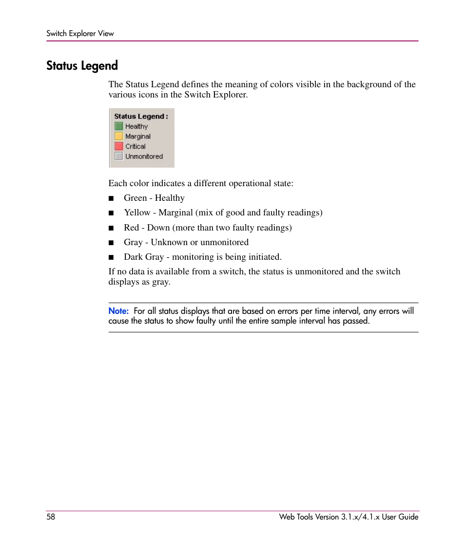 Status legend | HP StorageWorks MSA 2.8 SAN Switch User Manual | Page 58 / 307