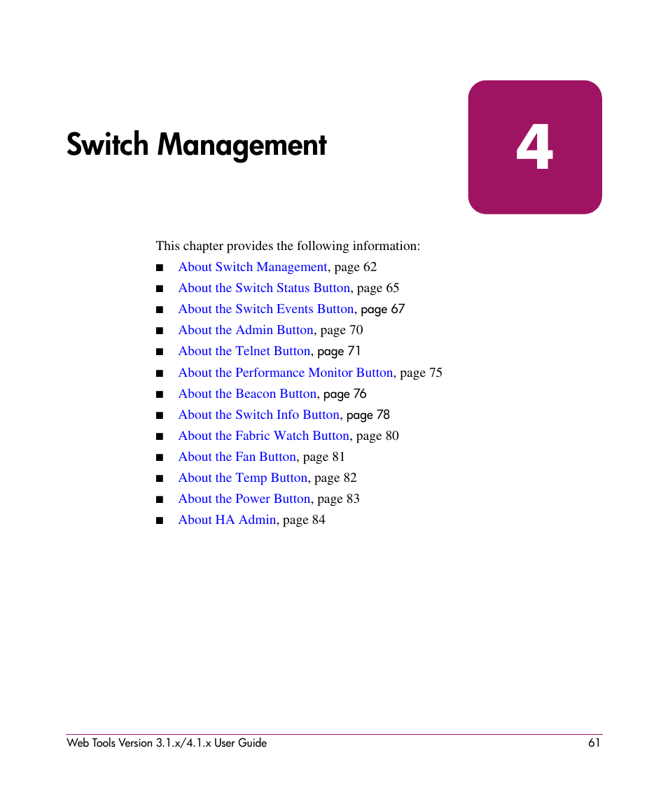 Switch management, 4 switch management | HP StorageWorks MSA 2.8 SAN Switch User Manual | Page 61 / 307