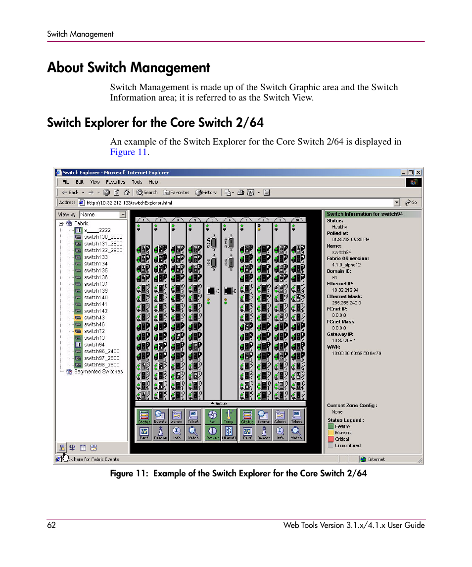 About switch management, Switch explorer for the core switch 2/64 | HP StorageWorks MSA 2.8 SAN Switch User Manual | Page 62 / 307