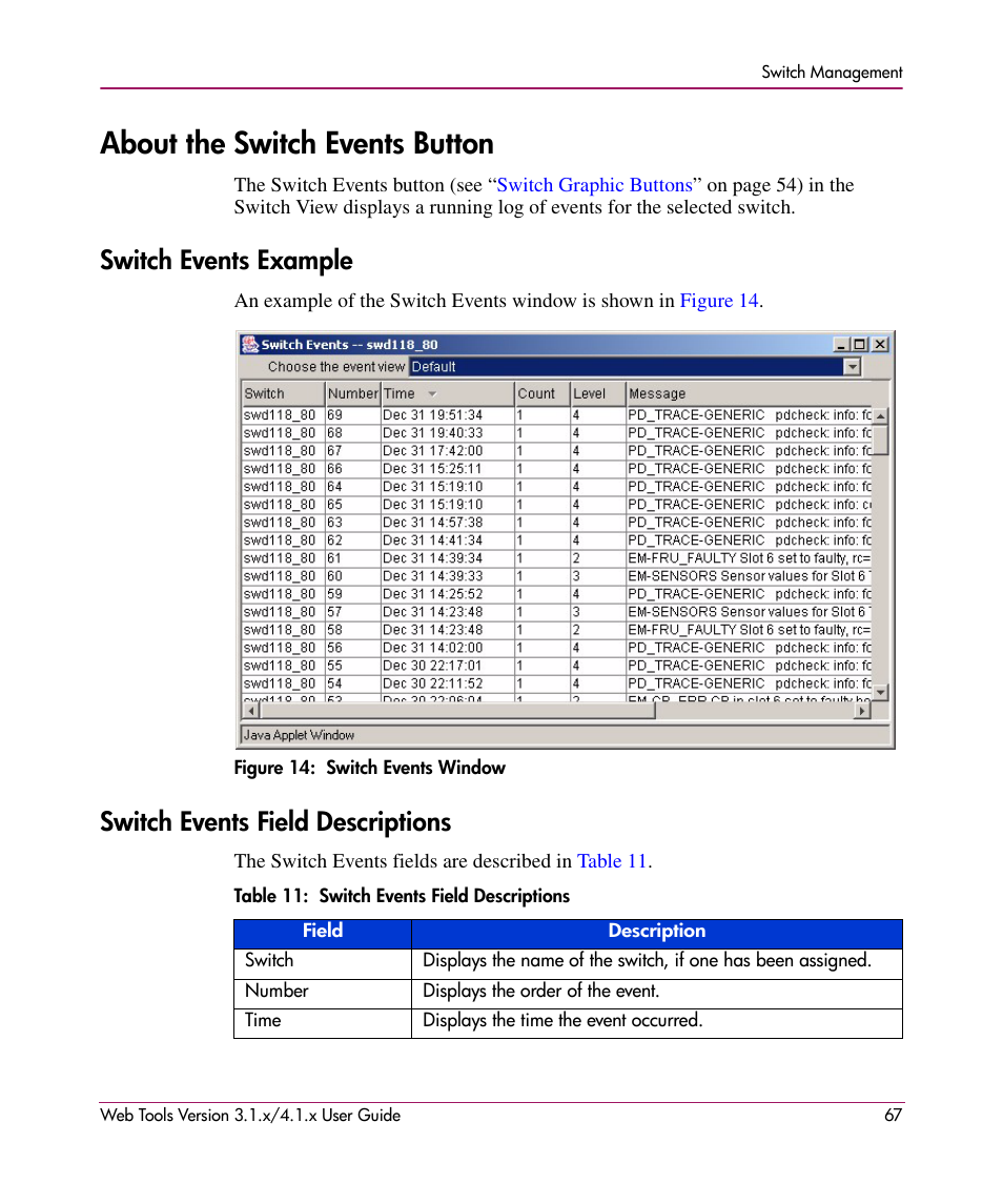 About the switch events button, Switch events example, Figure 14: switch events window | Switch events field descriptions, Table 11: switch events field descriptions, 14 switch events window, 11 switch events field descriptions, About the switch, Events button | HP StorageWorks MSA 2.8 SAN Switch User Manual | Page 67 / 307