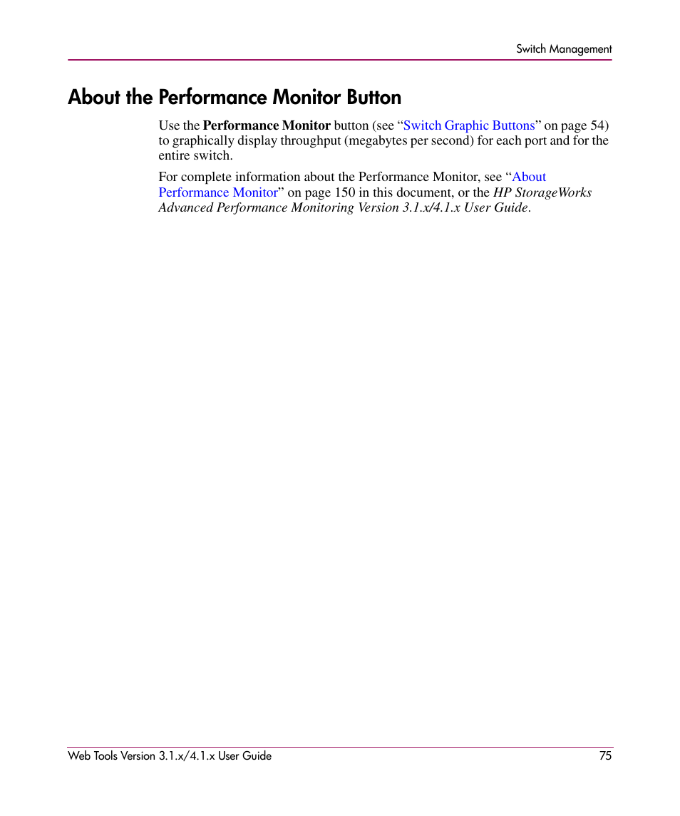 About the performance monitor button | HP StorageWorks MSA 2.8 SAN Switch User Manual | Page 75 / 307