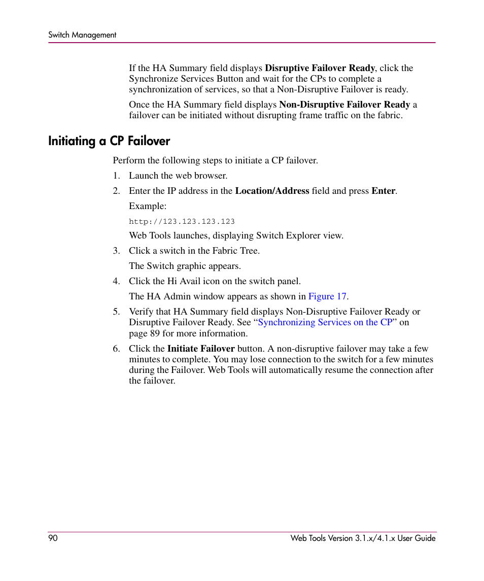 Initiating a cp failover | HP StorageWorks MSA 2.8 SAN Switch User Manual | Page 90 / 307