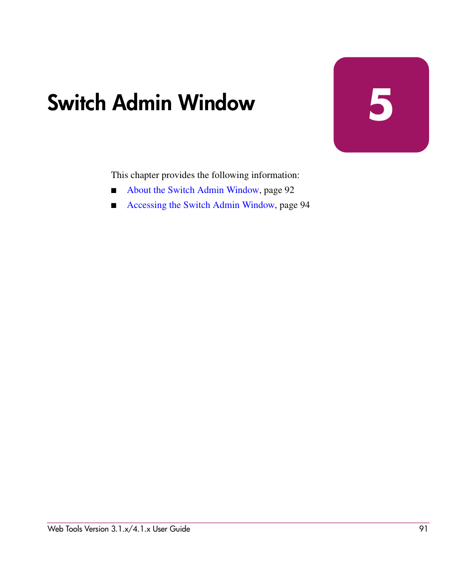 Switch admin window, 5 switch admin window, Switch admin | Window | HP StorageWorks MSA 2.8 SAN Switch User Manual | Page 91 / 307