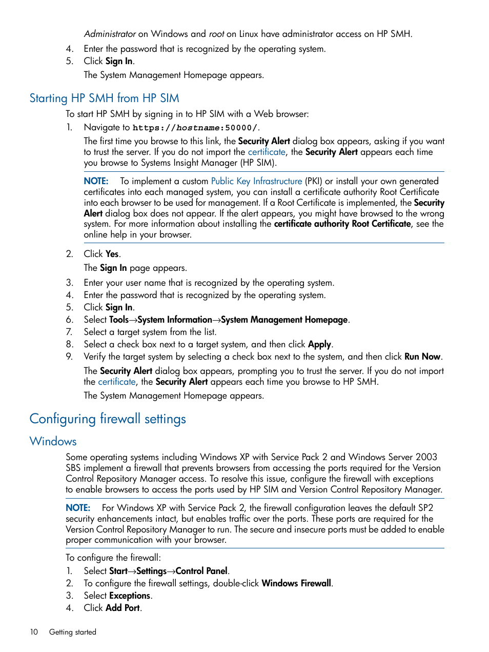 Starting hp smh from hp sim, Configuring firewall settings, Windows | HP Serveur lame HP ProLiant BL680c G5 User Manual | Page 10 / 90