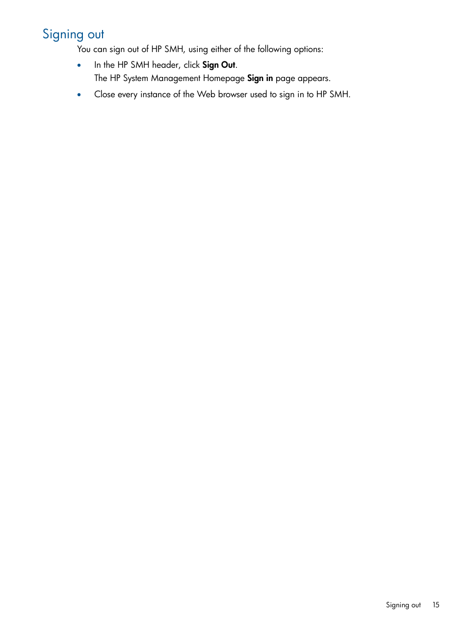 Signing out | HP Serveur lame HP ProLiant BL680c G5 User Manual | Page 15 / 90