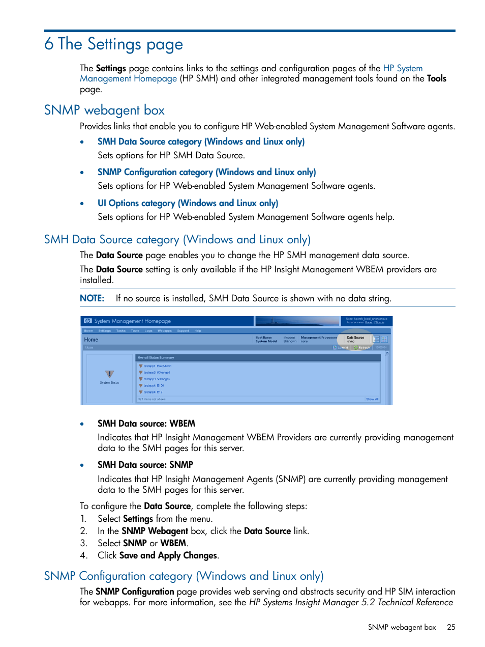 Snmp webagent box, Smh data source category (windows and linux only), 6 the settings page | HP Serveur lame HP ProLiant BL680c G5 User Manual | Page 25 / 90