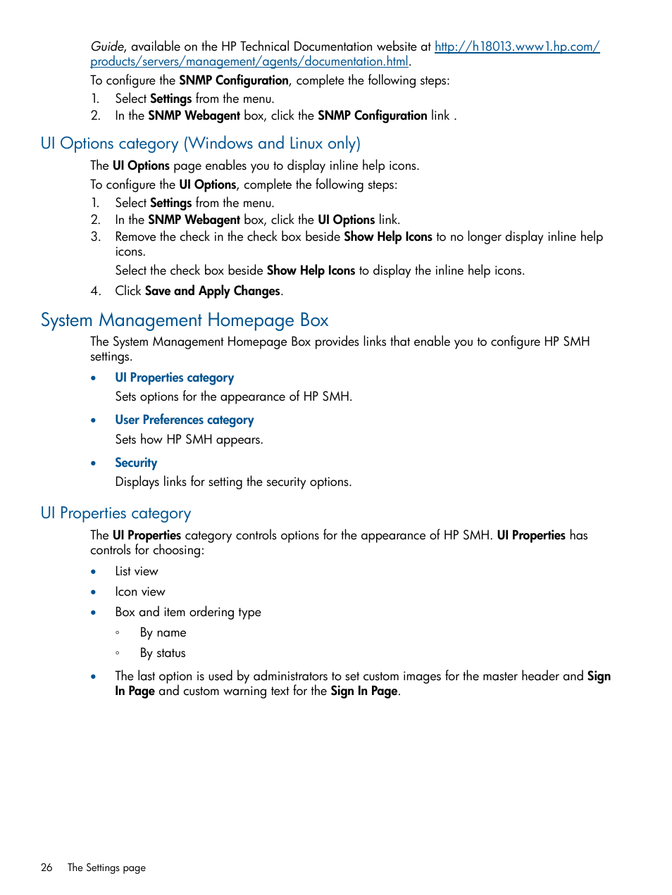 Ui options category (windows and linux only), Ui properties category, System management homepage box | HP Serveur lame HP ProLiant BL680c G5 User Manual | Page 26 / 90