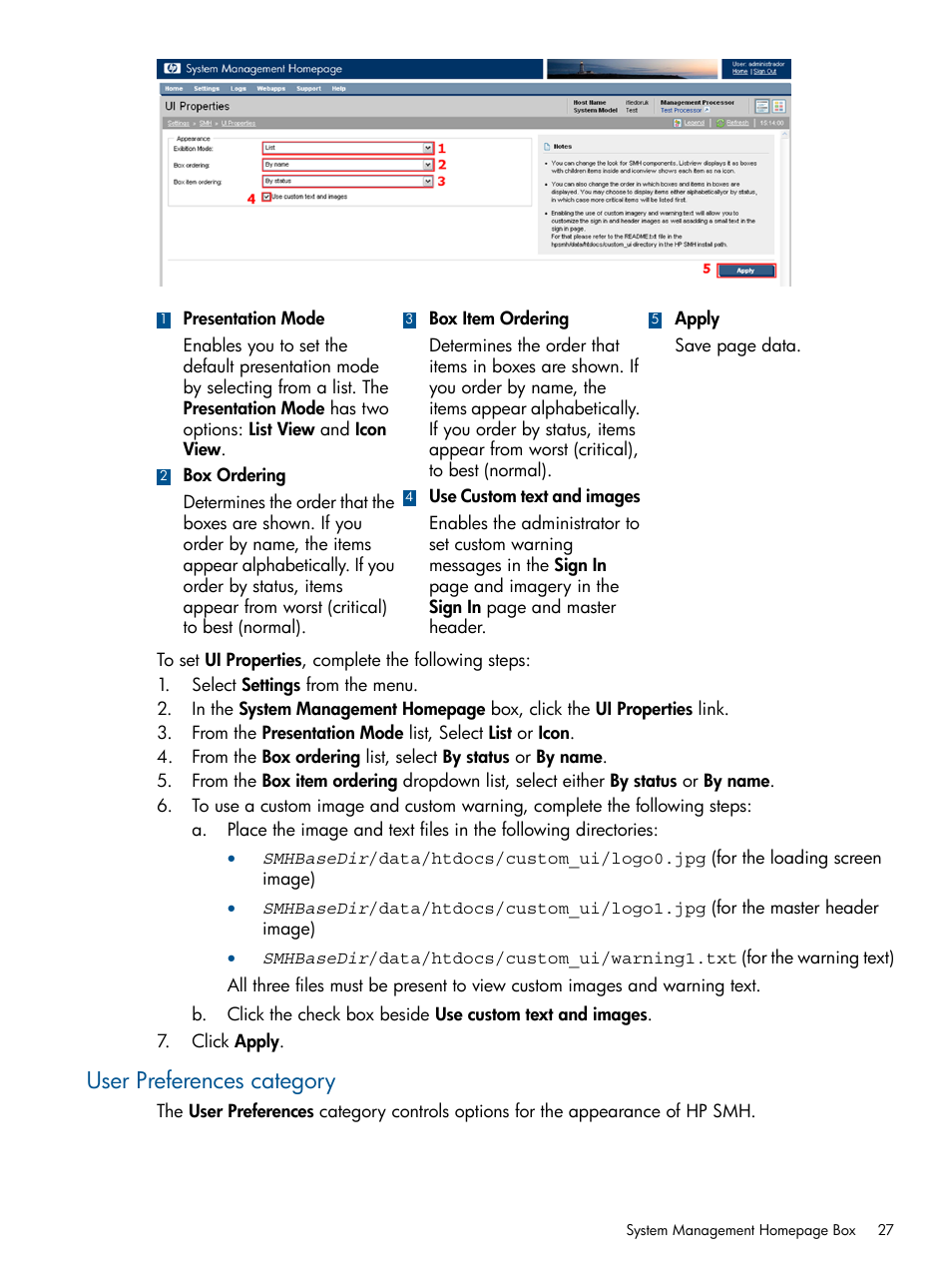 User preferences category | HP Serveur lame HP ProLiant BL680c G5 User Manual | Page 27 / 90