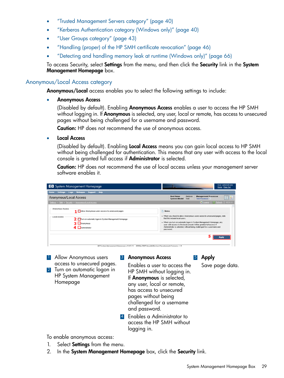 Anonymous/local access category | HP Serveur lame HP ProLiant BL680c G5 User Manual | Page 29 / 90