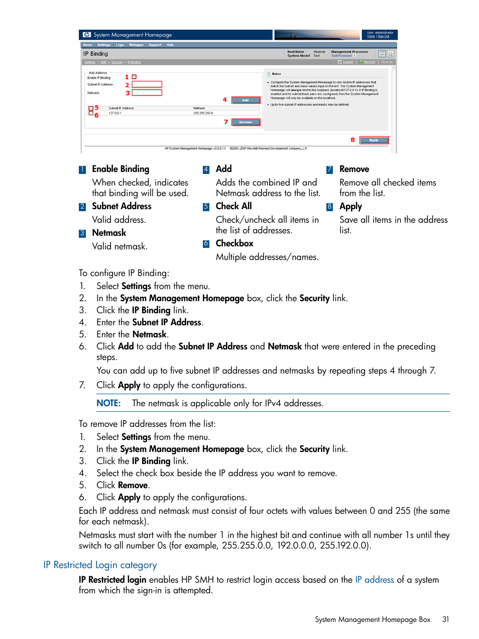 Ip restricted login category | HP Serveur lame HP ProLiant BL680c G5 User Manual | Page 31 / 90