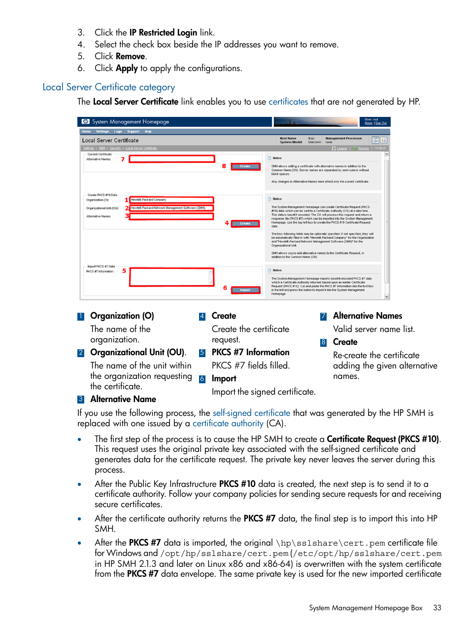 Local server certificate category | HP Serveur lame HP ProLiant BL680c G5 User Manual | Page 33 / 90