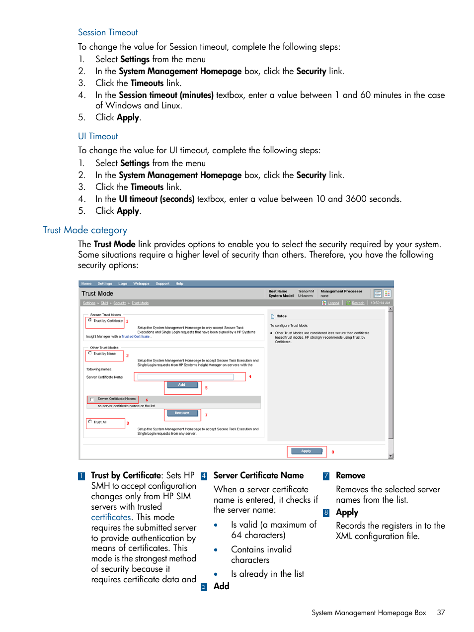 Session timeout, Ui timeout, Trust mode category | HP Serveur lame HP ProLiant BL680c G5 User Manual | Page 37 / 90