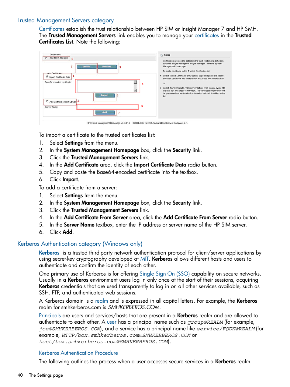 Trusted management servers category, Kerberos authentication category (windows only), Kerberos authentication procedure | HP Serveur lame HP ProLiant BL680c G5 User Manual | Page 40 / 90