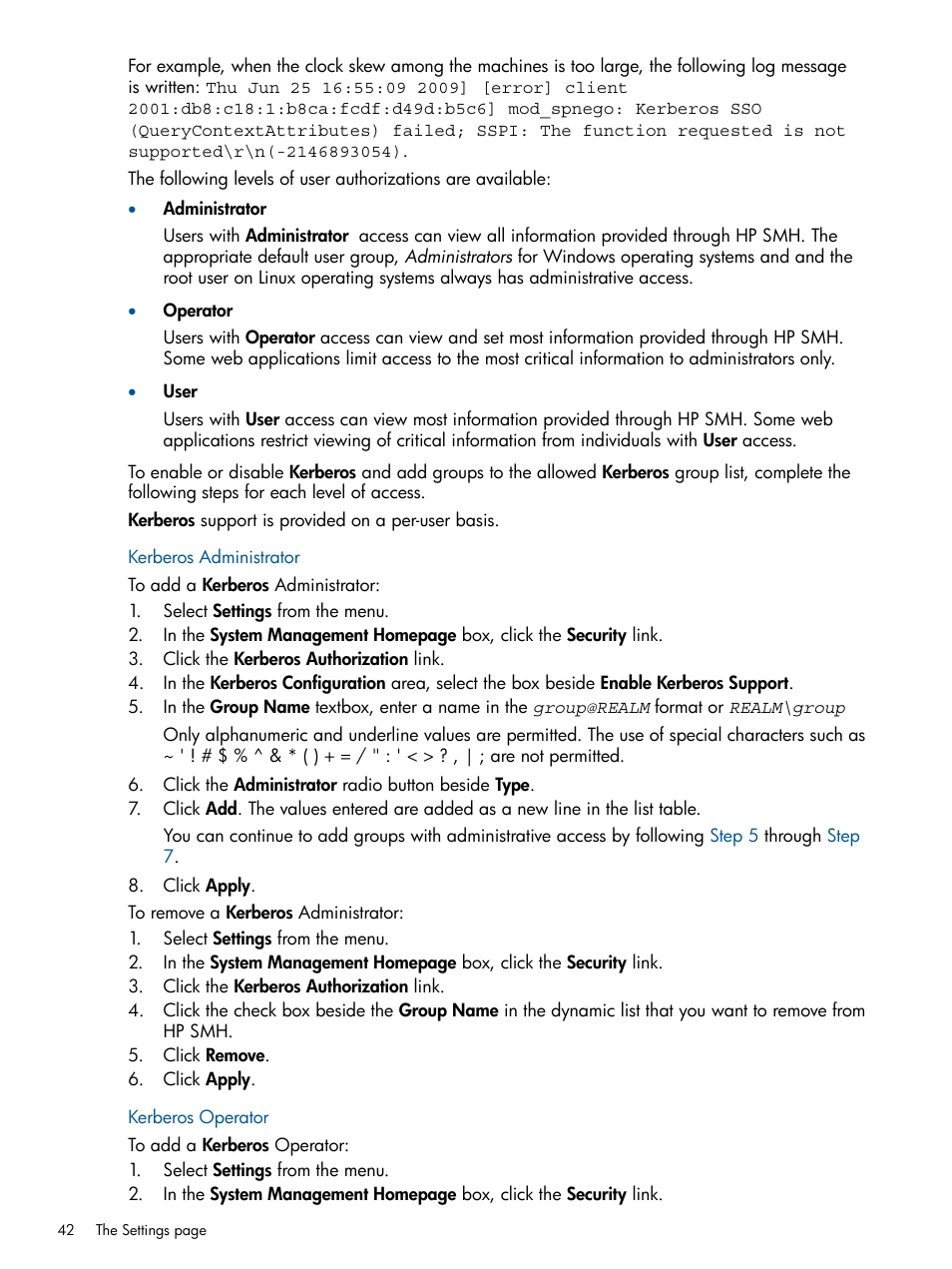 Kerberos administrator, Kerberos operator, Kerberos administrator kerberos operator | HP Serveur lame HP ProLiant BL680c G5 User Manual | Page 42 / 90