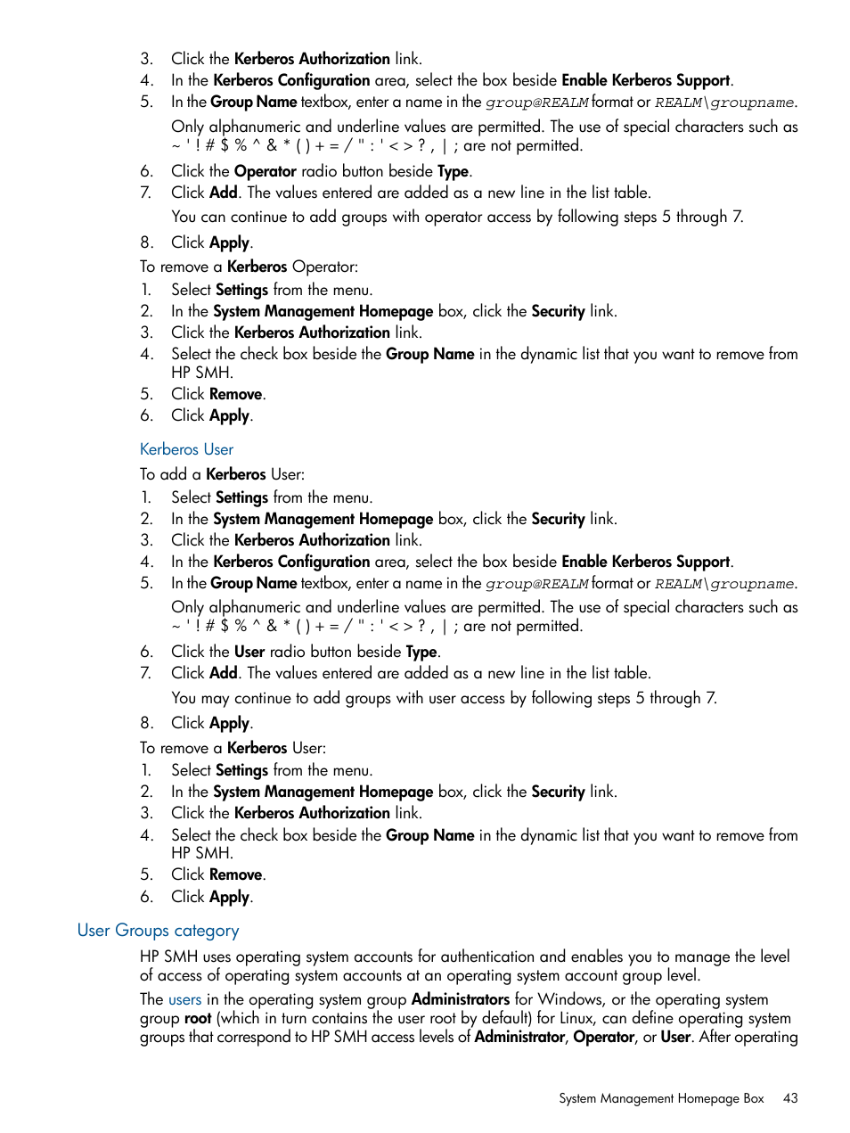 Kerberos user, User groups category | HP Serveur lame HP ProLiant BL680c G5 User Manual | Page 43 / 90