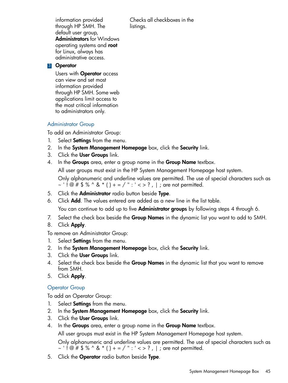 Administrator group, Operator group, Administrator group operator group | HP Serveur lame HP ProLiant BL680c G5 User Manual | Page 45 / 90