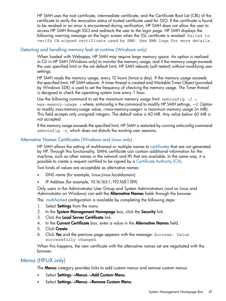 Menus (hp-ux only) | HP Serveur lame HP ProLiant BL680c G5 User Manual | Page 47 / 90