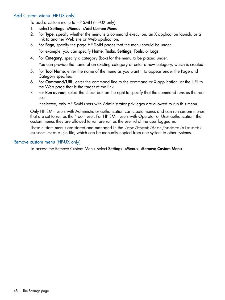 Add custom menu (hp-ux only), Remove custom menu (hp-ux only) | HP Serveur lame HP ProLiant BL680c G5 User Manual | Page 48 / 90