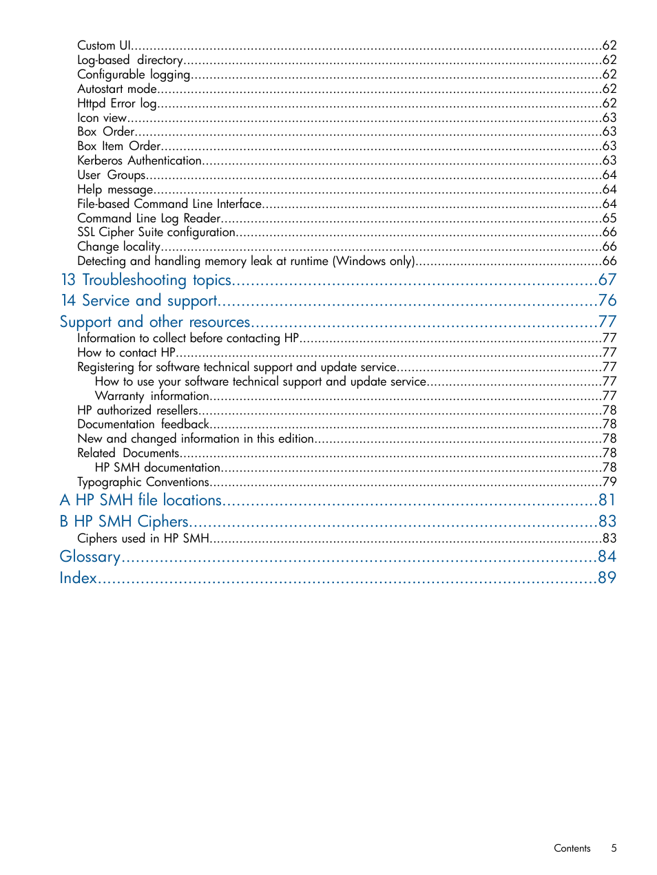 A hp smh file locations b hp smh ciphers, Glossary index | HP Serveur lame HP ProLiant BL680c G5 User Manual | Page 5 / 90