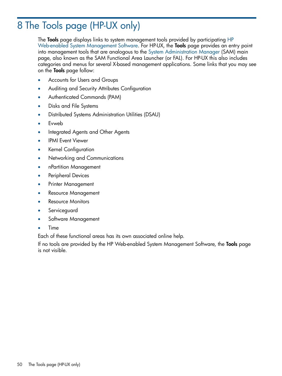 8 the tools page (hp-ux only) | HP Serveur lame HP ProLiant BL680c G5 User Manual | Page 50 / 90