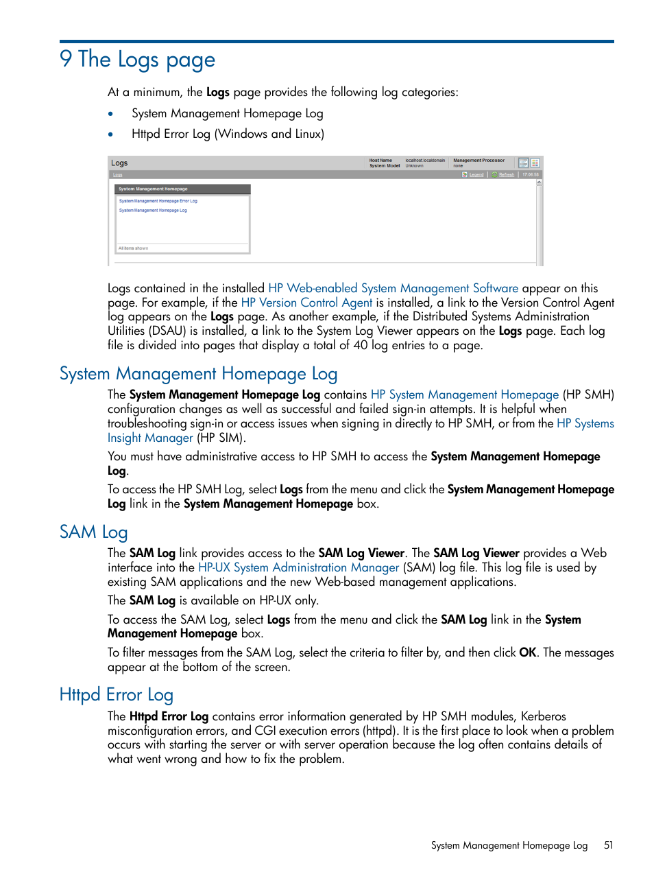 Sam log, Httpd error log, 9 the logs page | System management homepage log | HP Serveur lame HP ProLiant BL680c G5 User Manual | Page 51 / 90